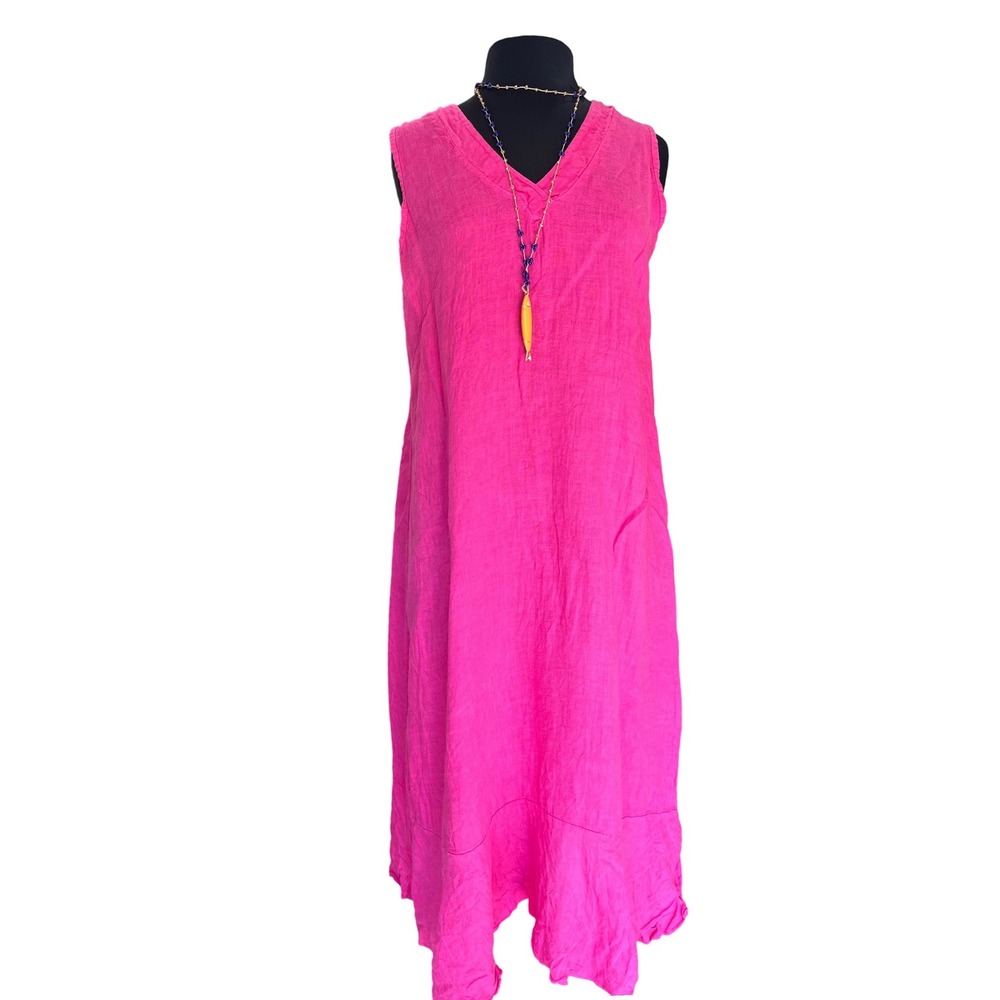 Francesca Bettini Hot Pink Linen Dress Made in Italy Sleeveless V-Neck Midi L